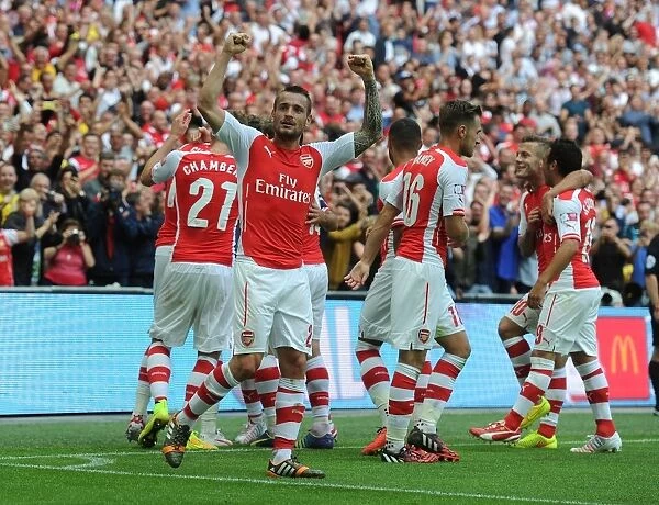 Arsenal's Debuchy Celebrates Third Goal Against Manchester City - FA Community Shield 2014 / 15