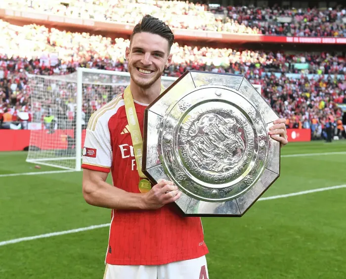 Framed Print : Arsenal's Declan Rice Celebrates at the FA Community Shield: Manchester City vs. Arsenal (2023-24)