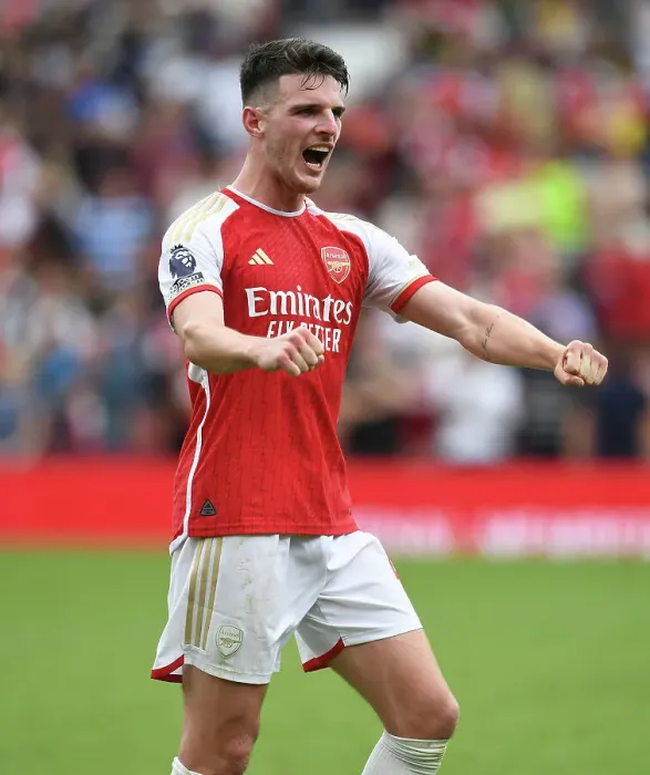 Framed Print : Arsenal's Declan Rice Celebrates after Victory over Nottingham Forest (2023-24) Framed Print : Arsenal's Declan Rice Celebrates after Victory over Nottingham Forest (2023-24)