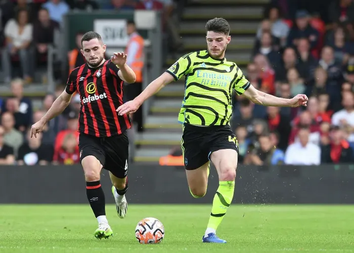 Framed Print : Arsenal's Declan Rice Fends Off Bournemouth's Lewis Cook Pressure in 2023-24 Premier League Clash Framed Print : Arsenal's Declan Rice Fends Off Bournemouth's Lewis Cook Pressure in 2023-24 Premier League Clash