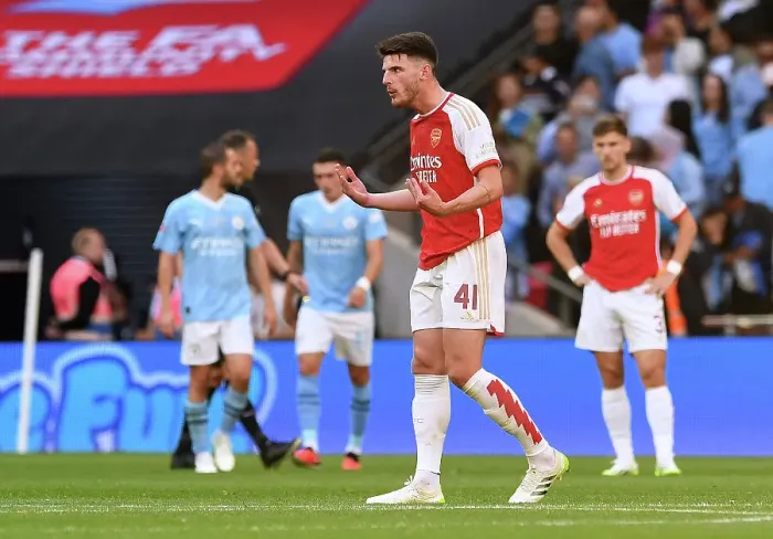 Framed Print : Arsenal's Declan Rice: Reaction at 2023-24 Community Shield: Manchester City vs. Arsenal