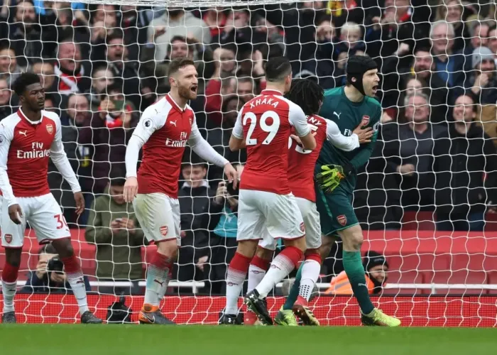 Framed Print : Arsenal's Defenders and Goalkeeper Celebrate Cech's Penalty Save vs. Watford (2017-18)