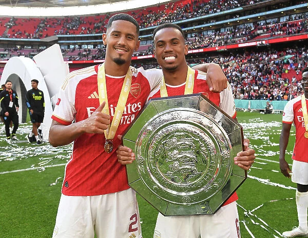 Arsenal's Defenders Saliba and Gabriel Celebrate after Community Shield Loss to Manchester City, 2023-24
