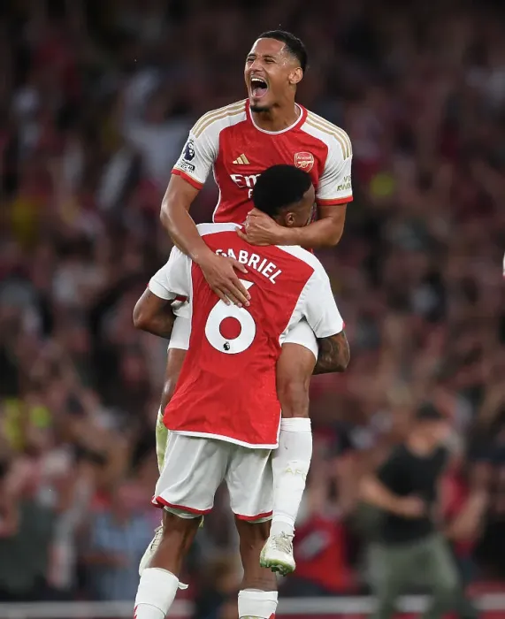 Framed Print : Arsenal's Defensive Duo Celebrate Victory Over Manchester City (2023-24) Framed Print : Arsenal's Defensive Duo Celebrate Victory Over Manchester City (2023-24)