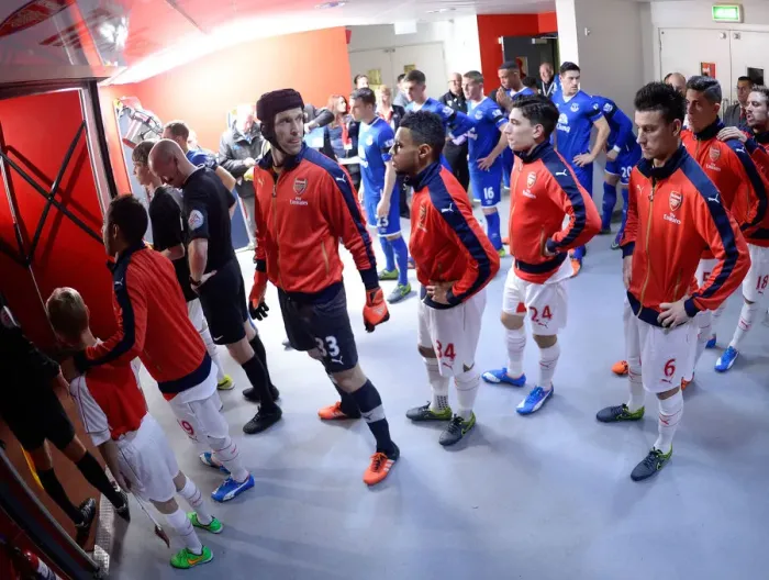 Framed Print : Arsenal's Defensive Wall: Cech, Coquelin, Bellerin, and Koscielny Unite Before Arsenal v Everton, 2015 / 16 Premier League