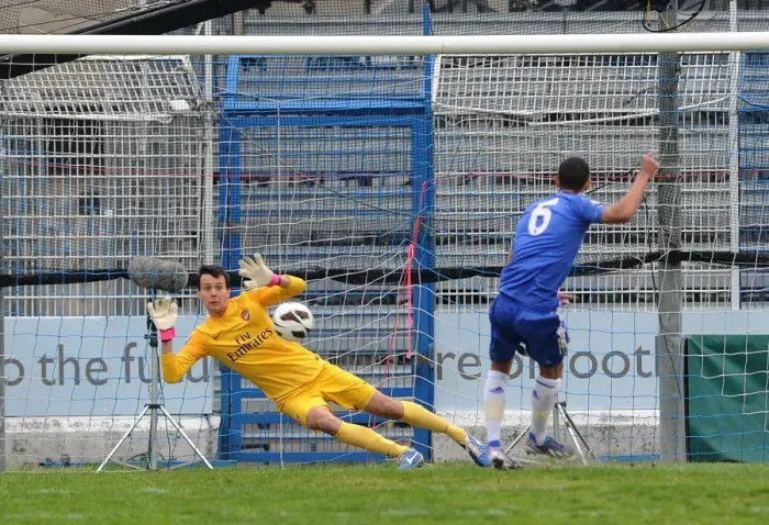 Framed Print : Arsenal's Dejan Iliev Stops Lewis Baker's Penalty in NextGen Series Semi-Final