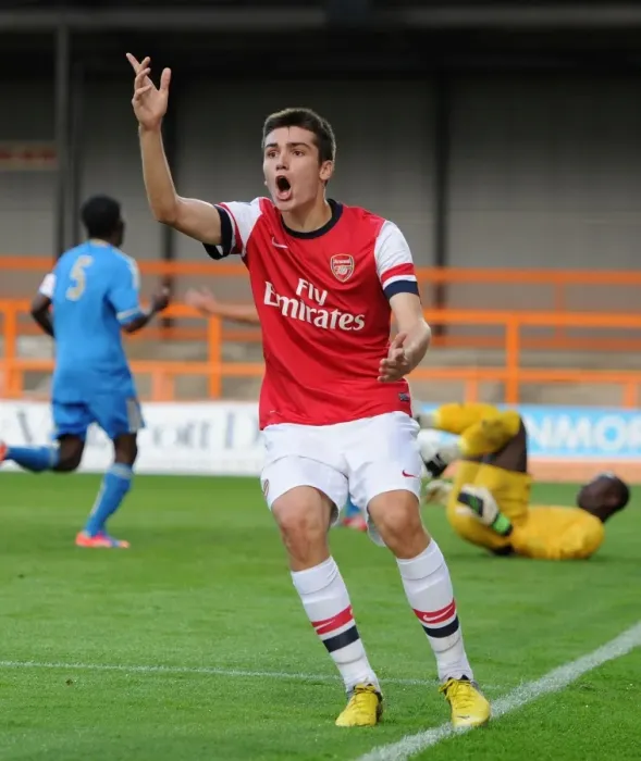 Framed Print : Arsenal's Disallowed Goal: Jon Toral Reacts to Offside Call vs. Marseille (NextGen Series 2012-13)