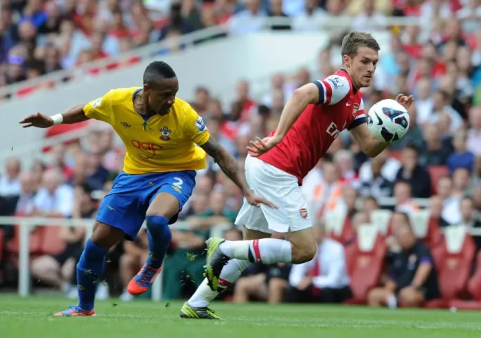 Framed Print : Arsenal's Dominant Performance: Aaron Ramsey Scores Brace in 6-1 Rout against Southampton (Premier League, 2012-13)