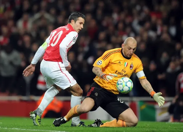 Framed Print : Arsenal's Dominant Victory: Robin van Persie Scores Three as Arsenal Crushes AC Milan 3-0 in UEFA Champions League