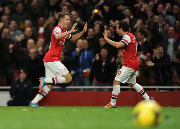 Framed Print : Arsenal's Double Act: Ramsey and Cazorla Celebrate Goals Against Liverpool (2013-14) Framed Print : Arsenal's Double Act: Ramsey and Cazorla Celebrate Goals Against Liverpool (2013-14)