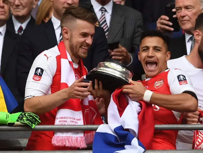 Framed Print : Arsenal's Double Celebration: Ramsey and Sanchez Rejoice in FA Cup Victory