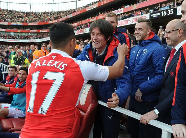 Arsenal's Double Delight: Sanchez and Rosicky Celebrate Goals vs. Aston Villa (2015-16)