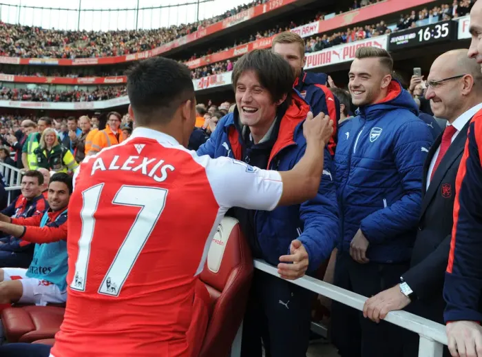 Framed Print : Arsenal's Double Delight: Sanchez and Rosicky Celebrate Goals vs. Aston Villa (2015-16)
