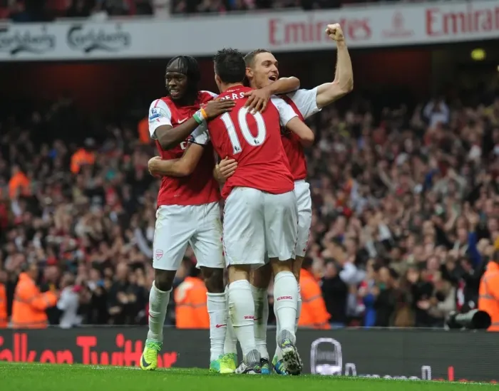 Framed Print : Arsenal's Double Strike: Vermaelen, Van Persie, Gervinho, and Walcott Celebrate Goals Against West Bromwich Albion (2011-12) Framed Print : Arsenal's Double Strike: Vermaelen, Van Persie, Gervinho, and Walcott Celebrate Goals Against West Bromwich Albion (2011-12)