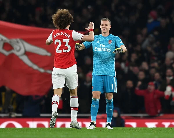 Arsenal's Double Victory: Luiz and Leno Celebrate Goals Against Manchester United (2019-20)