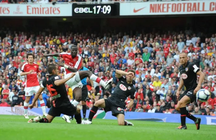 Framed Print : Arsenal's Eboue Scores the Winner: Arsenal 2-1 Athletico Madrid, Emirates Cup, Emirates Stadium, 2009 Framed Print : Arsenal's Eboue Scores the Winner: Arsenal 2-1 Athletico Madrid, Emirates Cup, Emirates Stadium, 2009