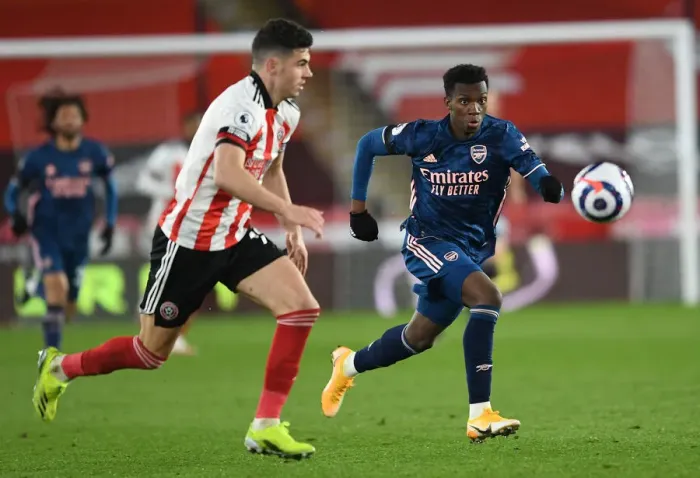 Framed Print : Arsenal's Eddie Nketiah in Action: Premier League Clash against Sheffield United (2020-21)