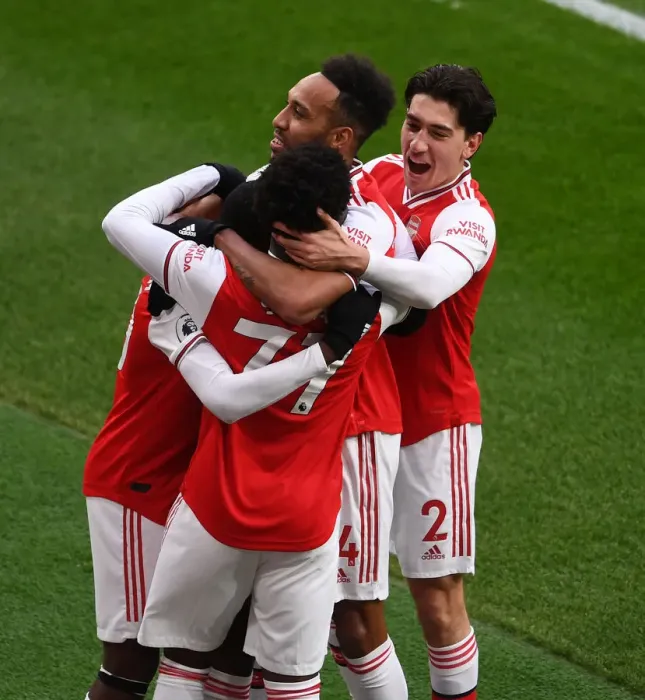 Framed Print : Arsenal's Eddie Nketiah, Aubameyang, and Bellerin Celebrate First Goal Against Everton in 2019-20 Premier League