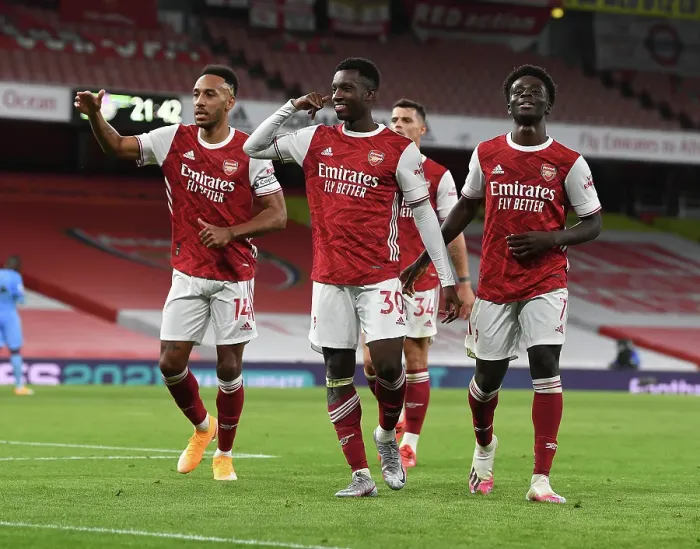 Framed Print : Arsenal's Eddie Nketiah, Aubameyang, and Saka Celebrate Goals Against West Ham United (2020-21)