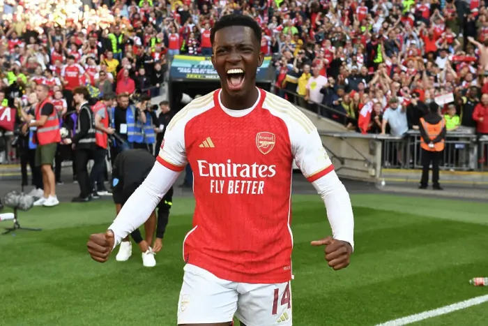 Framed Print : Arsenal's Eddie Nketiah Celebrates Community Shield Victory over Manchester City (2023-24) Framed Print : Arsenal's Eddie Nketiah Celebrates Community Shield Victory over Manchester City (2023-24)