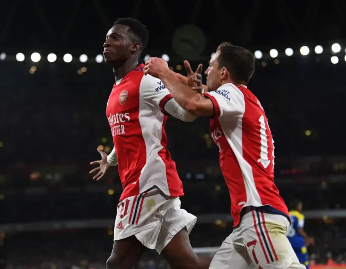 Framed Print : Arsenal's Eddie Nketiah Celebrates Third Goal Against AFC Wimbledon in Carabao Cup