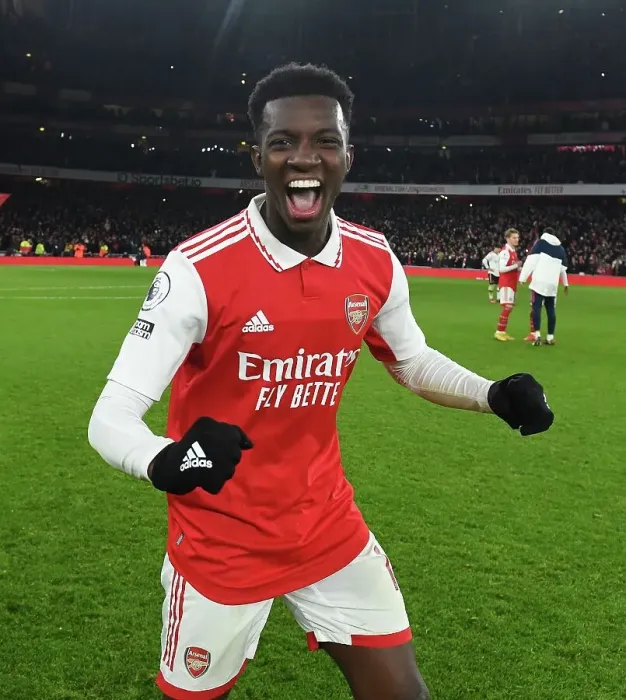 Framed Print : Arsenal's Eddie Nketiah Celebrates Goal Against Manchester United in Premier League Showdown (2022-23)