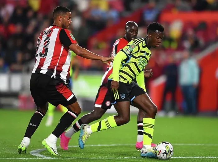Framed Print : Arsenal's Eddie Nketiah Chases Ball in Carabao Cup Clash vs. Brentford Framed Print : Arsenal's Eddie Nketiah Chases Ball in Carabao Cup Clash vs. Brentford