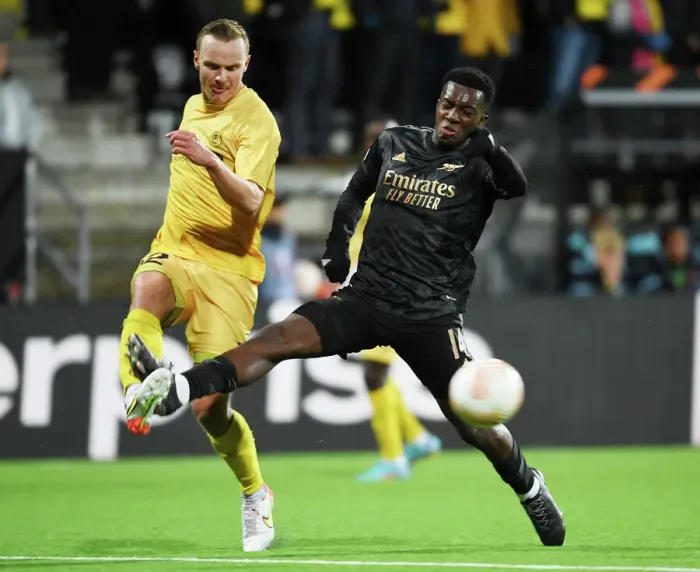 Framed Print : Arsenal's Eddie Nketiah Clashes with Bodo / Glimt's Sery Larsen in Europa League Match Framed Print : Arsenal's Eddie Nketiah Clashes with Bodo / Glimt's Sery Larsen in Europa League Match