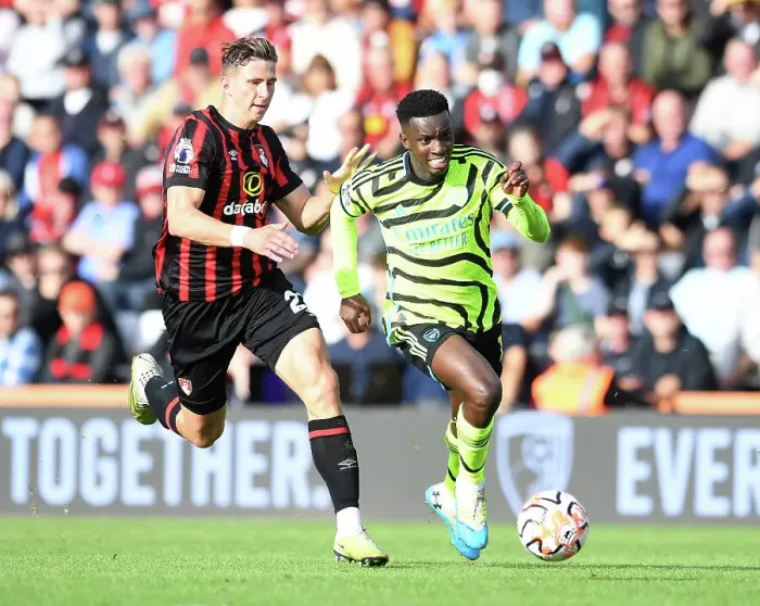 Framed Print : Arsenal's Eddie Nketiah Clashes with Bournemouth's Illia Zabarnyi in Premier League Showdown (2023-24) Framed Print : Arsenal's Eddie Nketiah Clashes with Bournemouth's Illia Zabarnyi in Premier League Showdown (2023-24)