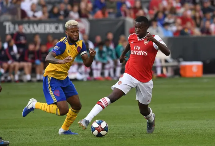Framed Print : Arsenal's Eddie Nketiah Clashes with Colorado's Kellyn Acosta during the 2019-20 Pre-Season Match Framed Print : Arsenal's Eddie Nketiah Clashes with Colorado's Kellyn Acosta during the 2019-20 Pre-Season Match
