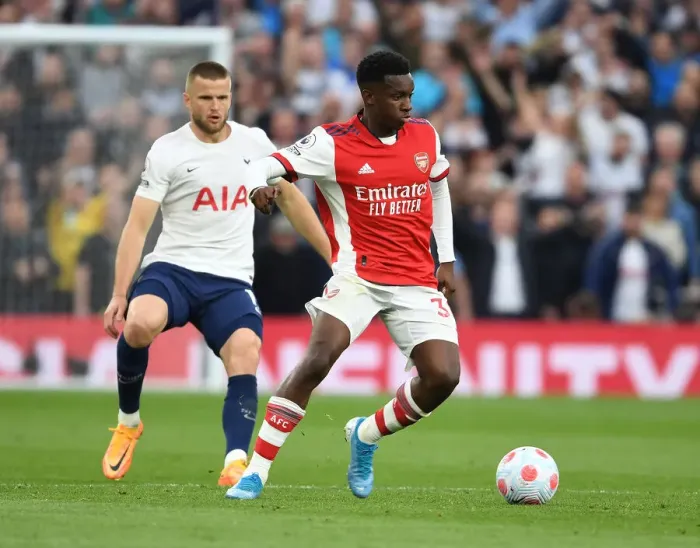 Framed Print : Arsenal's Eddie Nketiah Clashes with Tottenham's Eric Dier in Intense Premier League Showdown