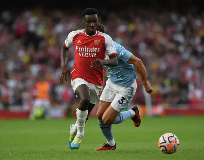 Framed Print : Arsenal's Eddie Nketiah Faces Manchester City in the 2023-24 Premier League Showdown