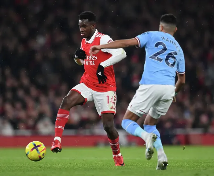 Framed Print : Arsenal's Eddie Nketiah Faces Off Against Manchester City in Intense Premier League Showdown
