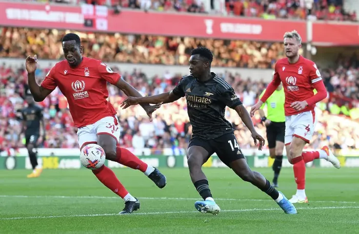 Framed Print : Arsenal's Eddie Nketiah Faces Off Against Wily Boly in Nottingham Forest Showdown (Premier League 2022-23)