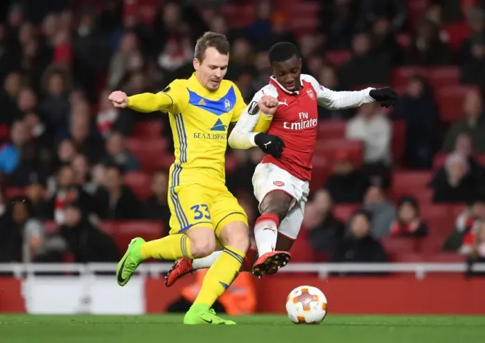 Framed Print : Arsenal's Eddie Nketiah Goes Head-to-Head with Denis Polyakov in Europa League Showdown Framed Print : Arsenal's Eddie Nketiah Goes Head-to-Head with Denis Polyakov in Europa League Showdown