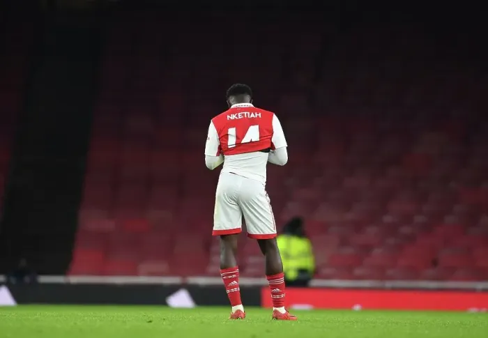 Framed Print : Arsenal's Eddie Nketiah Goes Head-to-Head with Juventus at Emirates Stadium (2022-23)