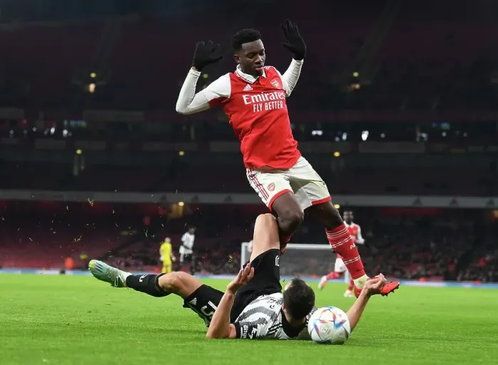 Framed Print : Arsenal's Eddie Nketiah Goes Head-to-Head with Juventus at Emirates Stadium (2022-23) Framed Print : Arsenal's Eddie Nketiah Goes Head-to-Head with Juventus at Emirates Stadium (2022-23)