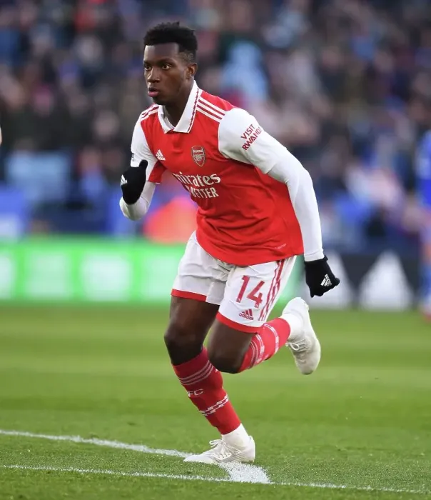 Framed Print : Arsenal's Eddie Nketiah Goes Head-to-Head with Leicester City in Premier League Showdown