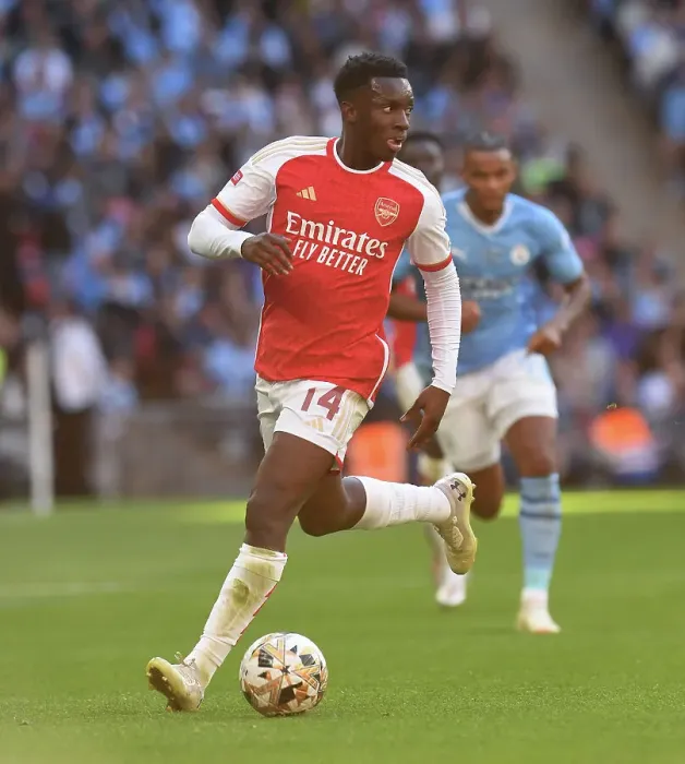 Framed Print : Arsenal's Eddie Nketiah Goes Head-to-Head with Manchester City in 2023-24 Community Shield Framed Print : Arsenal's Eddie Nketiah Goes Head-to-Head with Manchester City in 2023-24 Community Shield