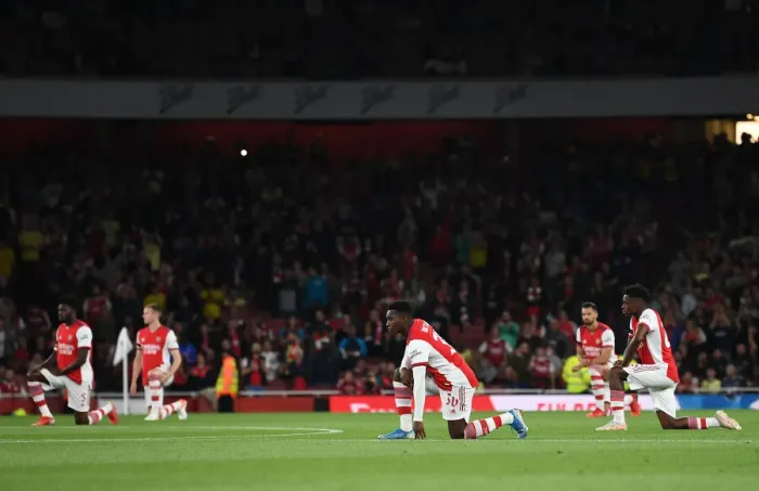 Framed Print : Arsenal's Eddie Nketiah Kneels During Carabao Cup Match vs AFC Wimbledon Framed Print : Arsenal's Eddie Nketiah Kneels During Carabao Cup Match vs AFC Wimbledon