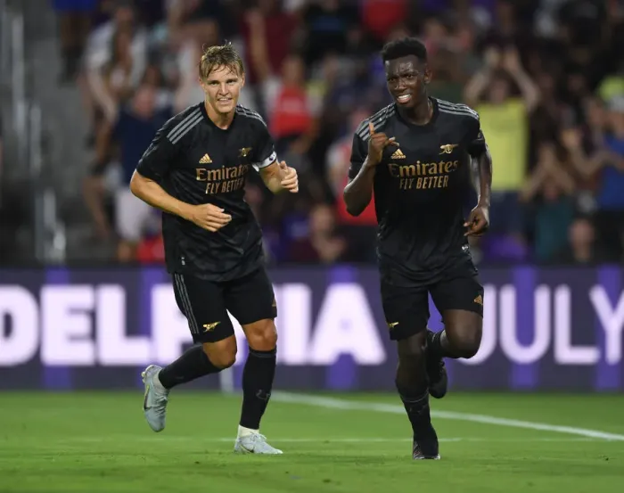 Framed Print : Arsenal's Eddie Nketiah and Martin Odegaard Celebrate Goals in Pre-Season Victory Over Orlando City SC