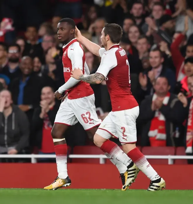 Framed Print : Arsenal's Eddie Nketiah and Mathieu Debuchy Celebrate Goal vs Norwich City (Carabao Cup 2017-18) Framed Print : Arsenal's Eddie Nketiah and Mathieu Debuchy Celebrate Goal vs Norwich City (Carabao Cup 2017-18)