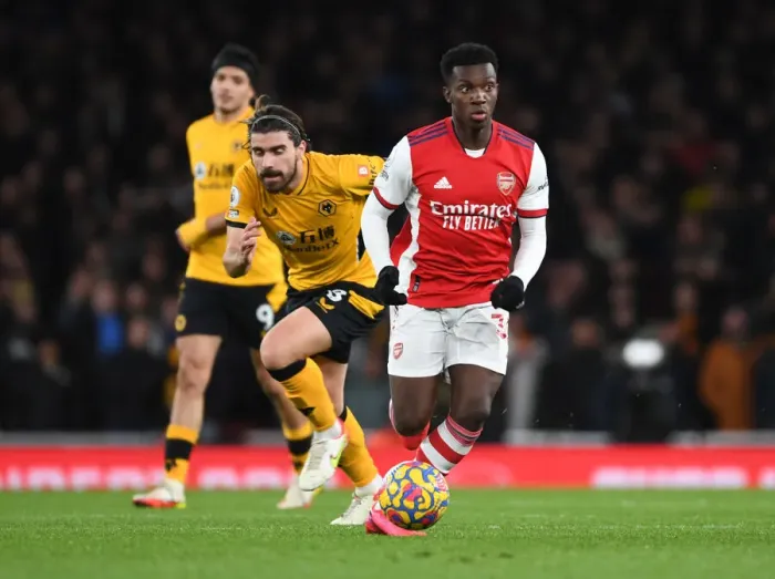 Framed Print : Arsenal's Eddie Nketiah Outmaneuvers Wolves Ruben Neves in Premier League Clash Framed Print : Arsenal's Eddie Nketiah Outmaneuvers Wolves Ruben Neves in Premier League Clash