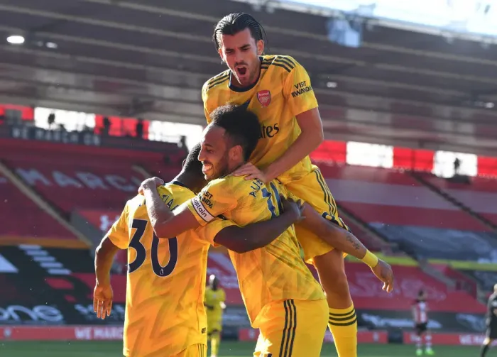 Framed Print : Arsenal's Eddie Nketiah and Pierre-Emerick Aubameyang Celebrate Goal vs Southampton (2019-20) Framed Print : Arsenal's Eddie Nketiah and Pierre-Emerick Aubameyang Celebrate Goal vs Southampton (2019-20)