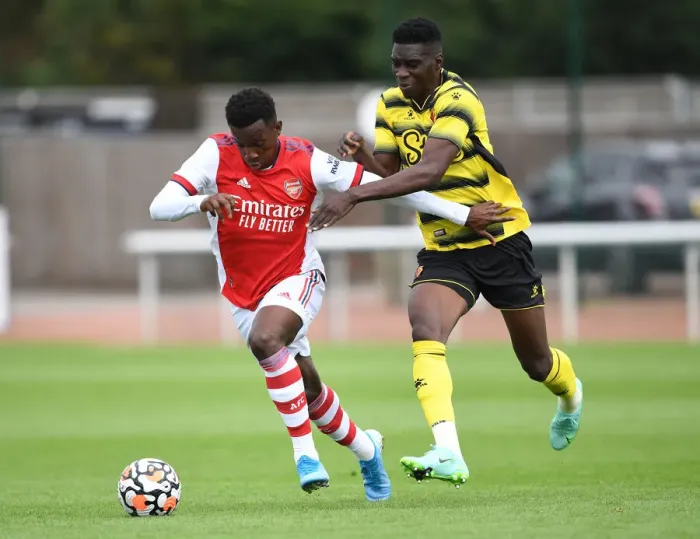 Framed Print : Arsenal's Eddie Nketiah in Pre-Season Action: Arsenal vs. Watford (2021-22)