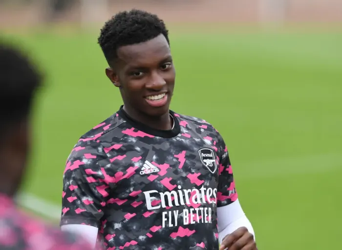Framed Print : Arsenal's Eddie Nketiah Prepares for Arsenal v Millwall Pre-Season Friendly