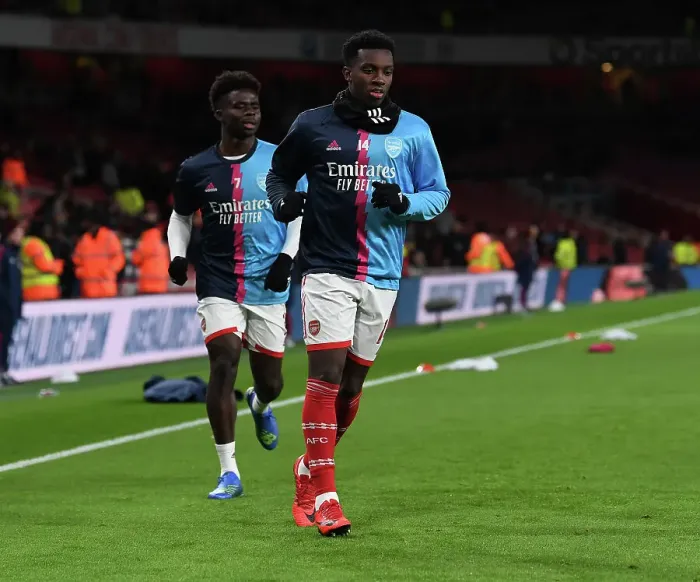 Framed Print : Arsenal's Eddie Nketiah Prepares for Arsenal vs. West Ham United Showdown (2022-23)