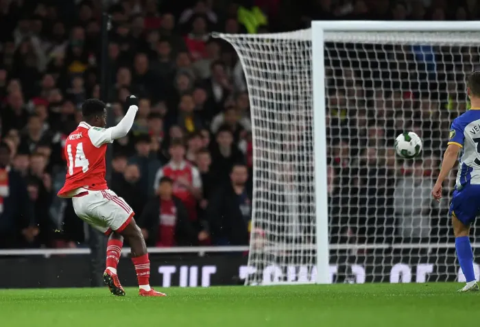 Framed Print : Arsenal's Eddie Nketiah Scores in Carabao Cup Victory over Brighton & Hove Albion Framed Print : Arsenal's Eddie Nketiah Scores in Carabao Cup Victory over Brighton & Hove Albion