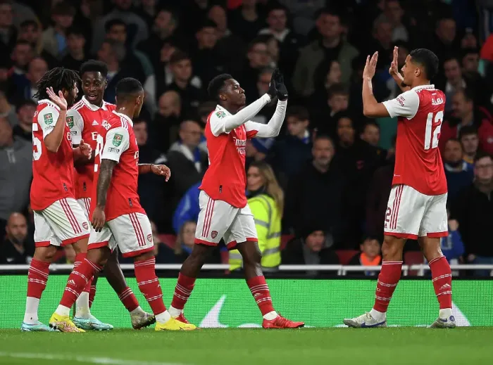 Framed Print : Arsenal's Eddie Nketiah Scores and Celebrates with Team against Brighton in Carabao Cup