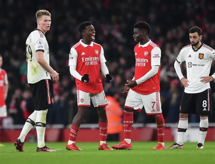 Framed Print : Arsenal's Eddie Nketiah Scores Controversial Goal Against Manchester United in Premier League Showdown Framed Print : Arsenal's Eddie Nketiah Scores Controversial Goal Against Manchester United in Premier League Showdown